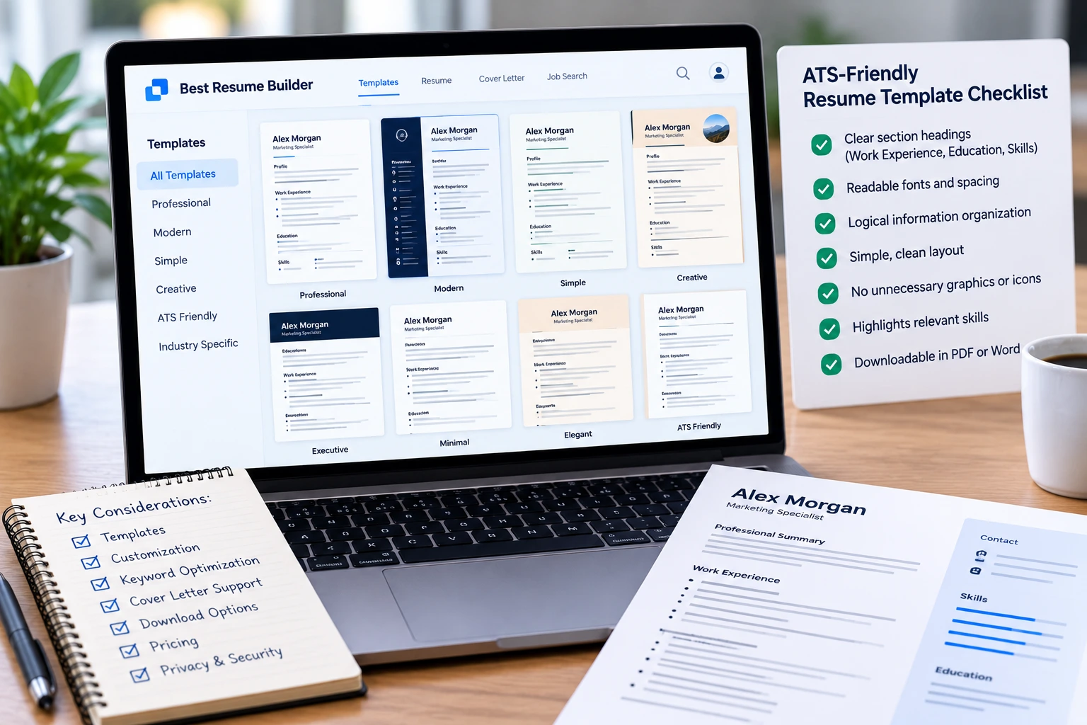 ATS-friendly resume templates displayed in an online resume builder with a resume formatting checklist.