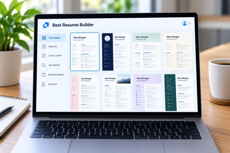 Best resume builder dashboard displaying professional resume templates on a laptop.