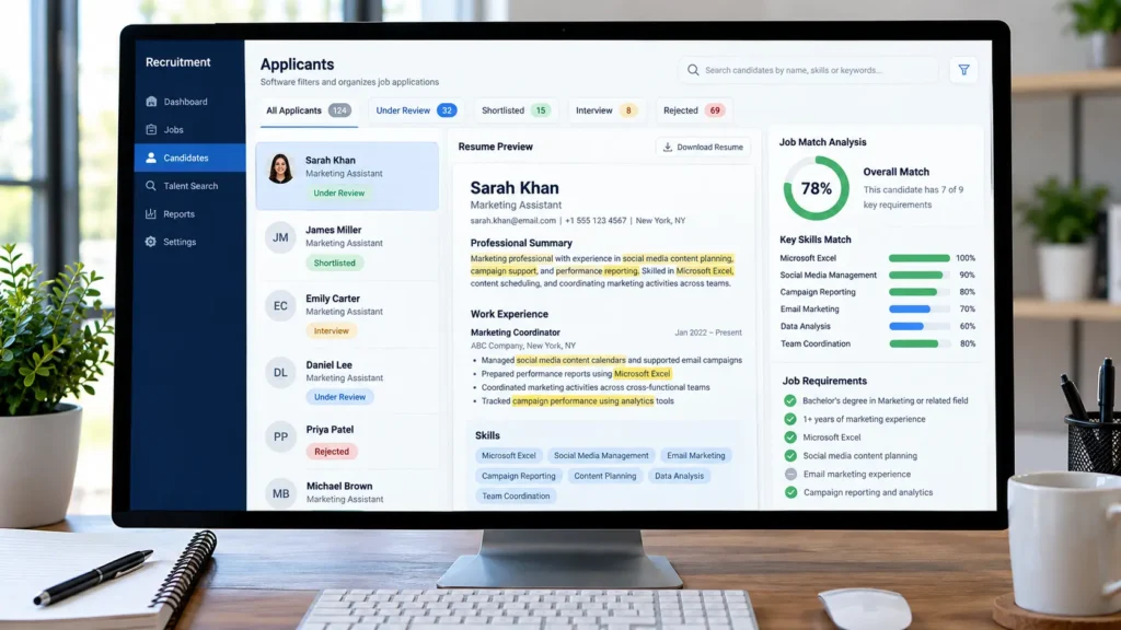 Example applicant tracking system dashboard showing candidate resumes, job application statuses, matching skills, and job requirements.