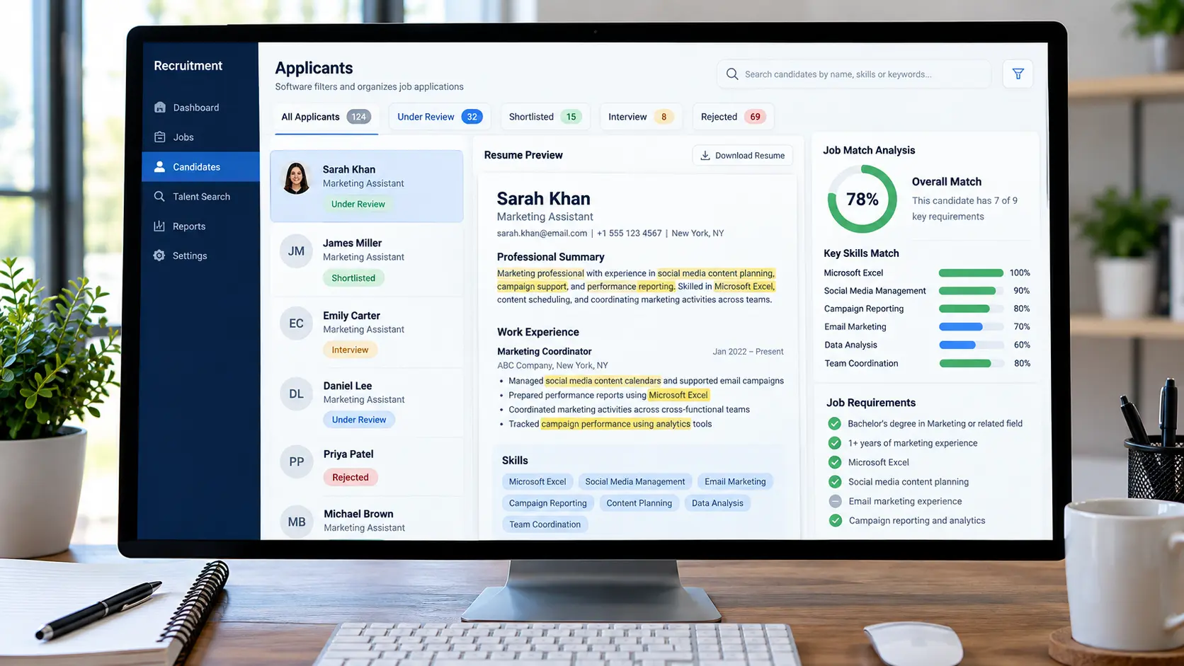 Example applicant tracking system dashboard showing candidate resumes, job application statuses, matching skills, and job requirements.