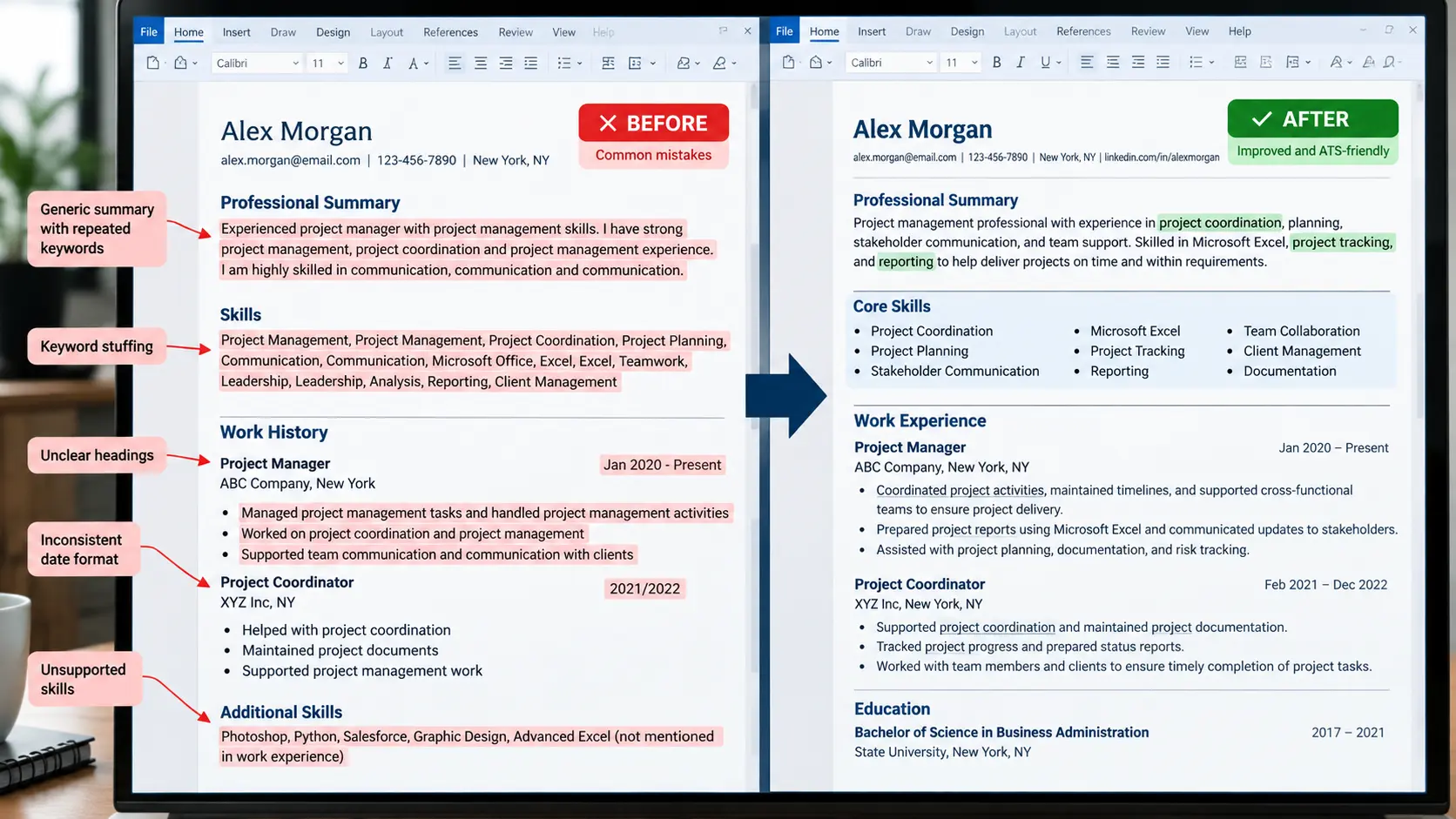 Before-and-after resume comparison showing keyword stuffing and inconsistent formatting versus clear headings, consistent dates, and skills supported by experience.
