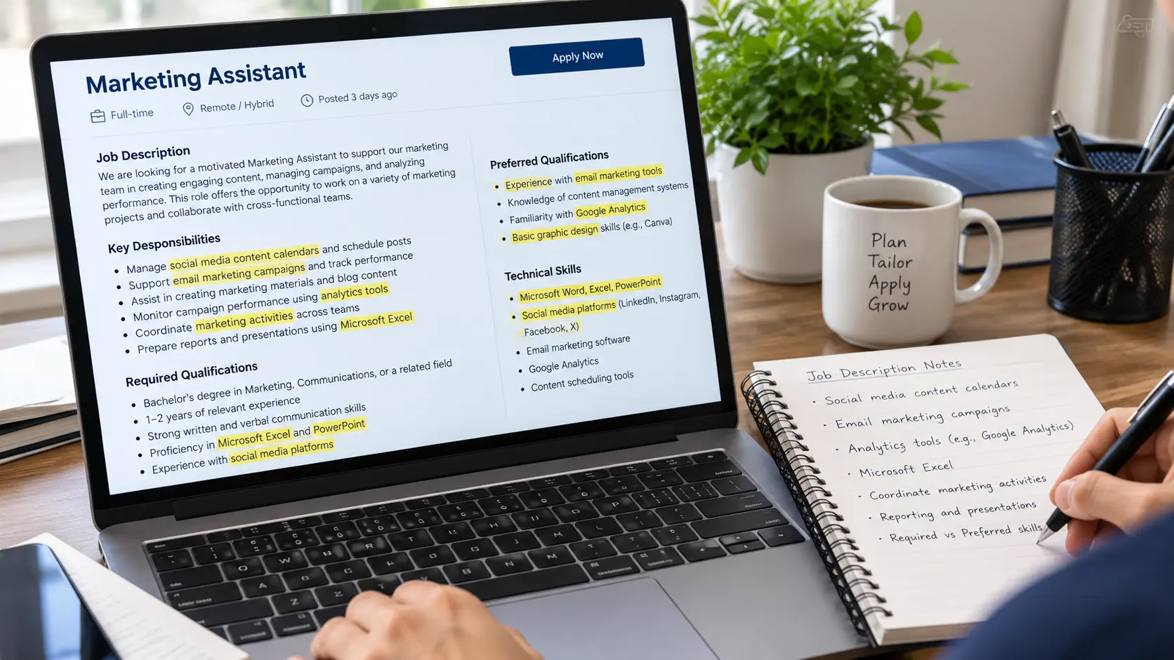A job seeker reviews a Marketing Assistant job description on a laptop and highlights key skills and qualifications before tailoring a resume.