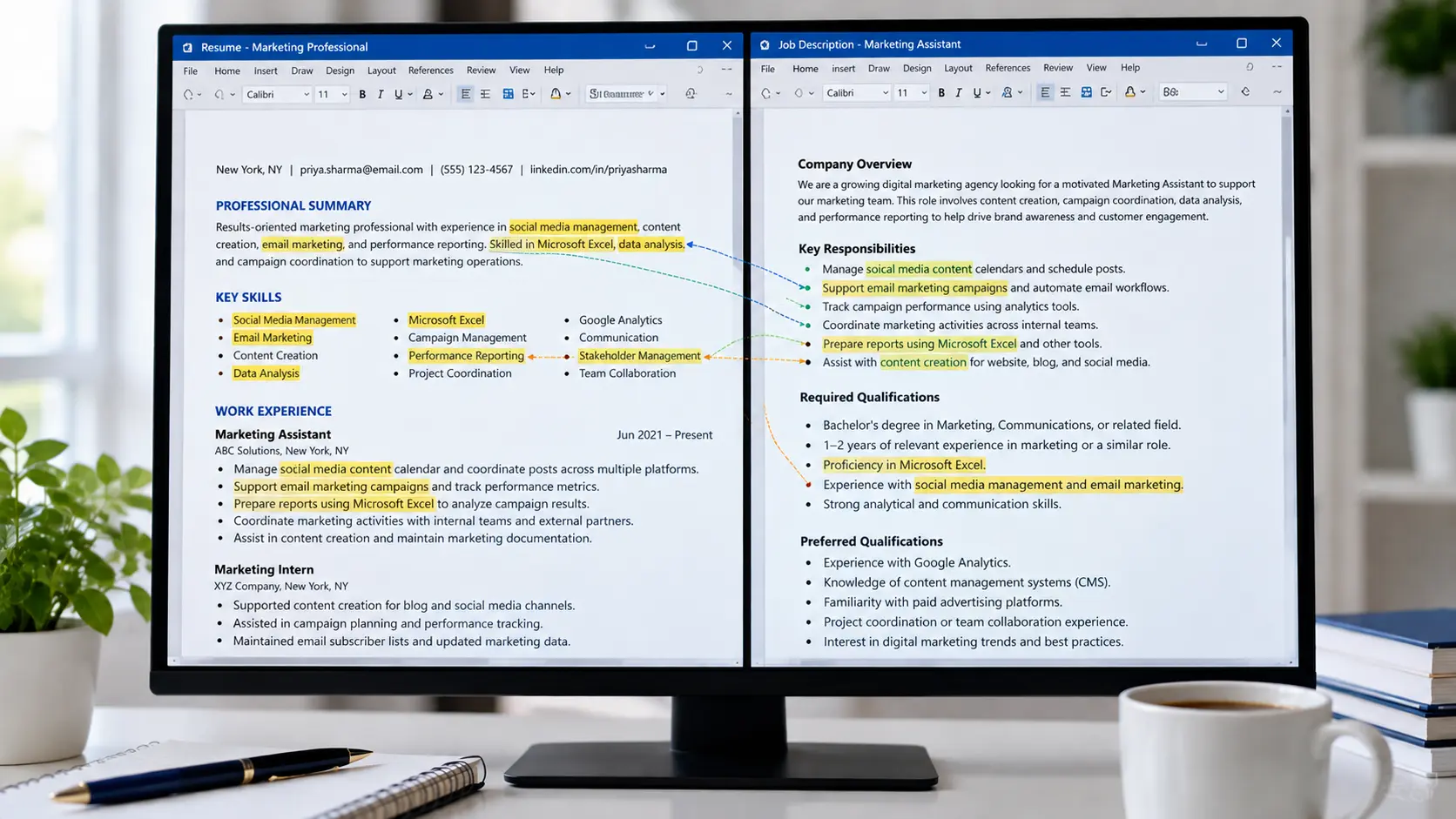 Resume and job description comparison highlighting relevant skills and qualifications.