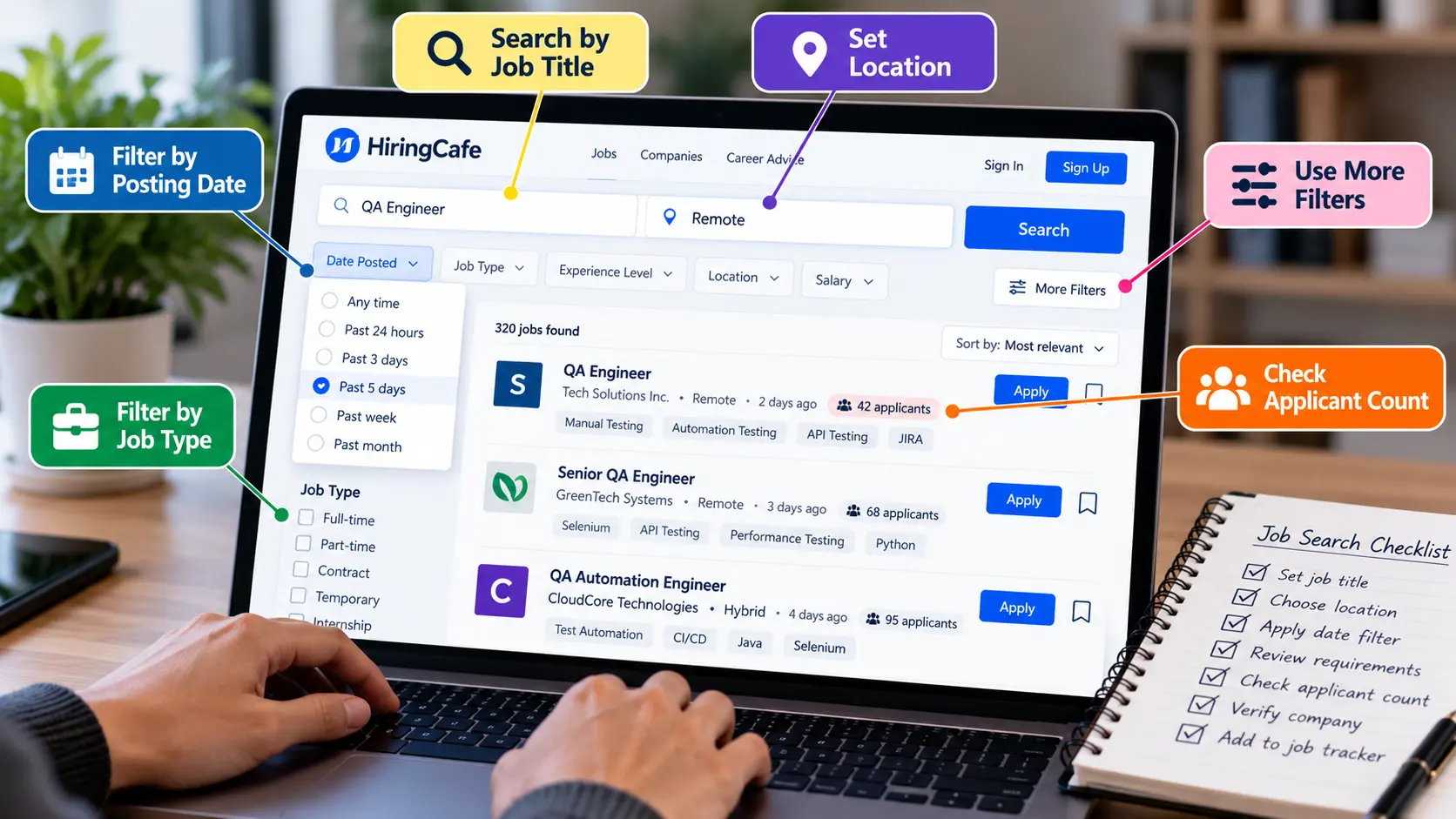 Using Hiring Cafe job search filters to find recent QA Engineer jobs by job title, location, posting date, job type, and applicant count.