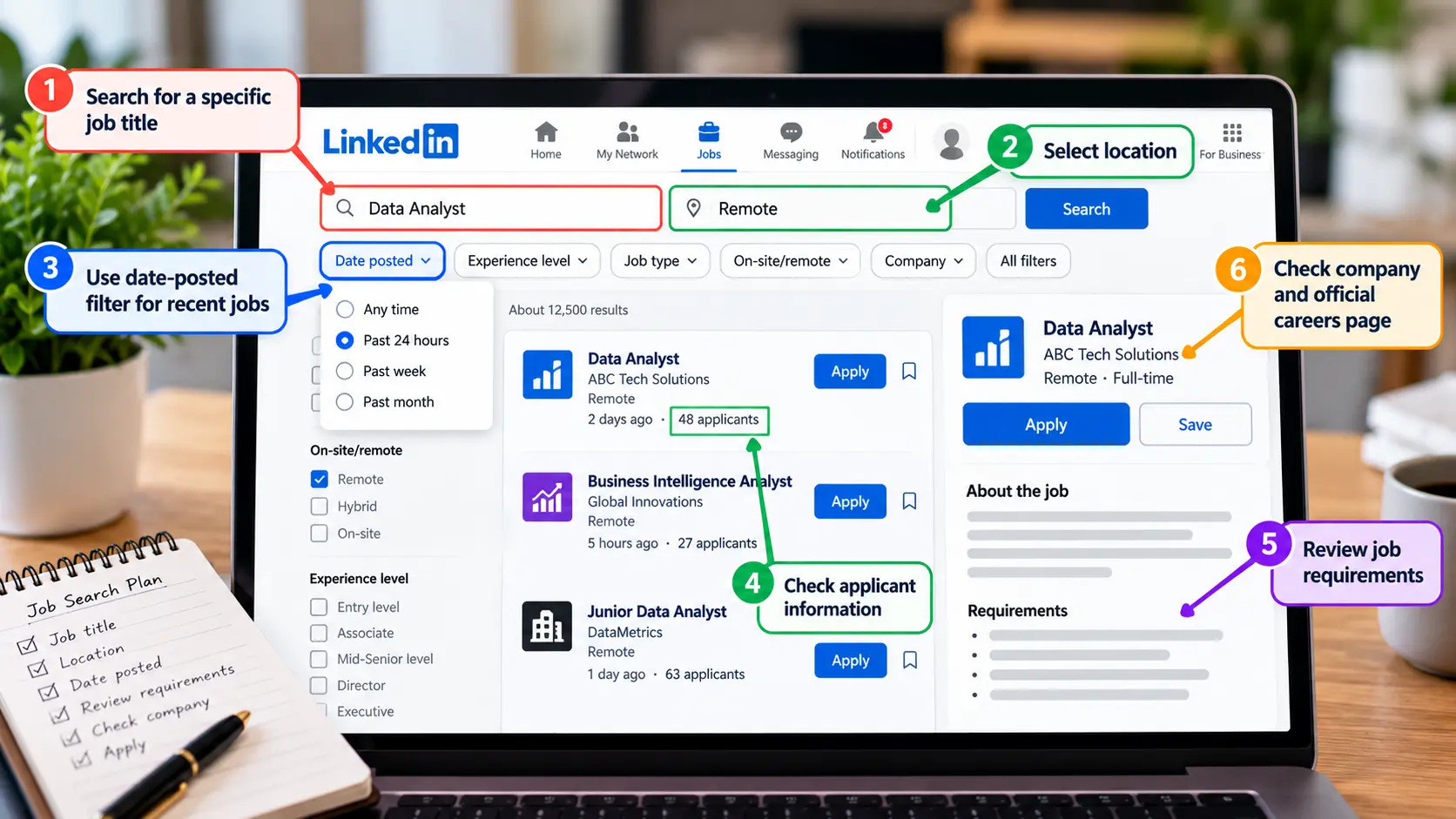 How to find recent jobs on LinkedIn using job title, location, date-posted filters, applicant information, and company verification.