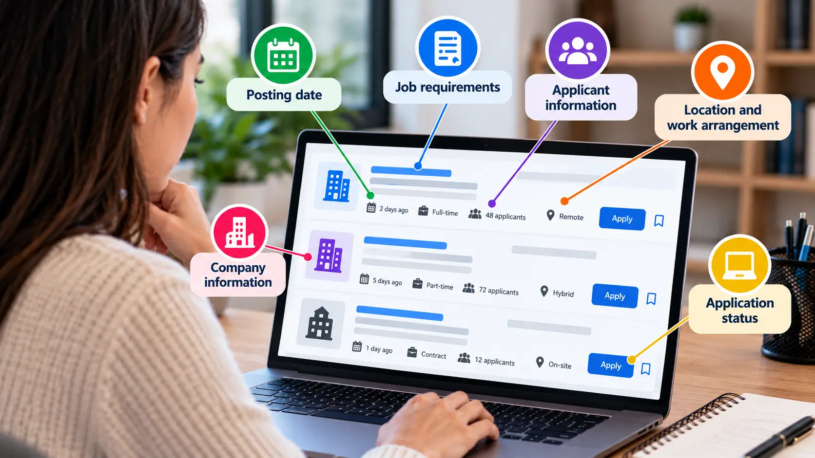 Key job board details to check before applying, including posting date, job requirements, applicant information, location, company details, and application status.