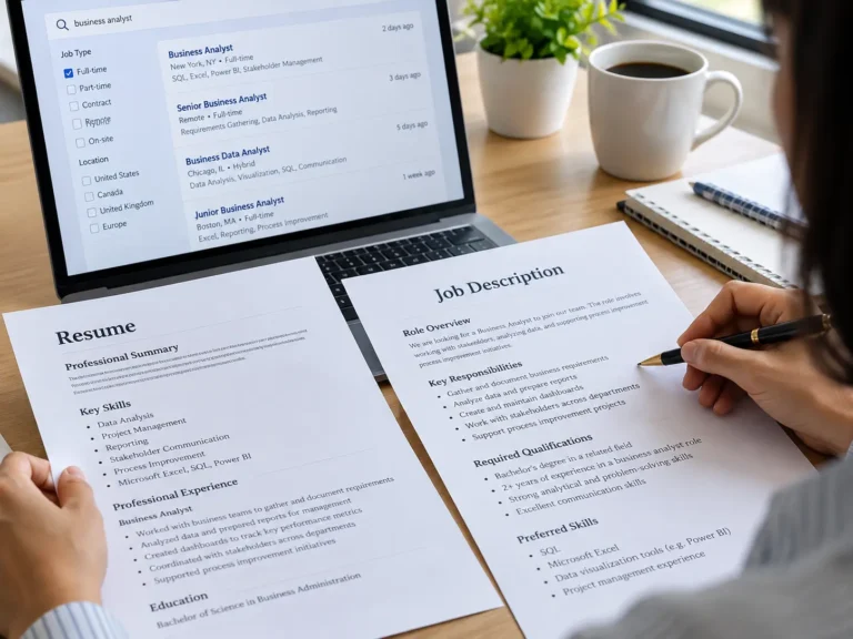 Resume and job description side by side while a job seeker compares skills and qualifications.