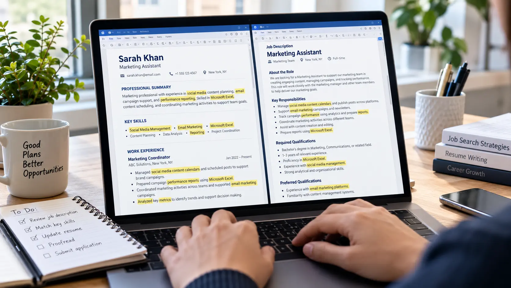 Compare your resume to a job description to identify relevant skills and keywords.