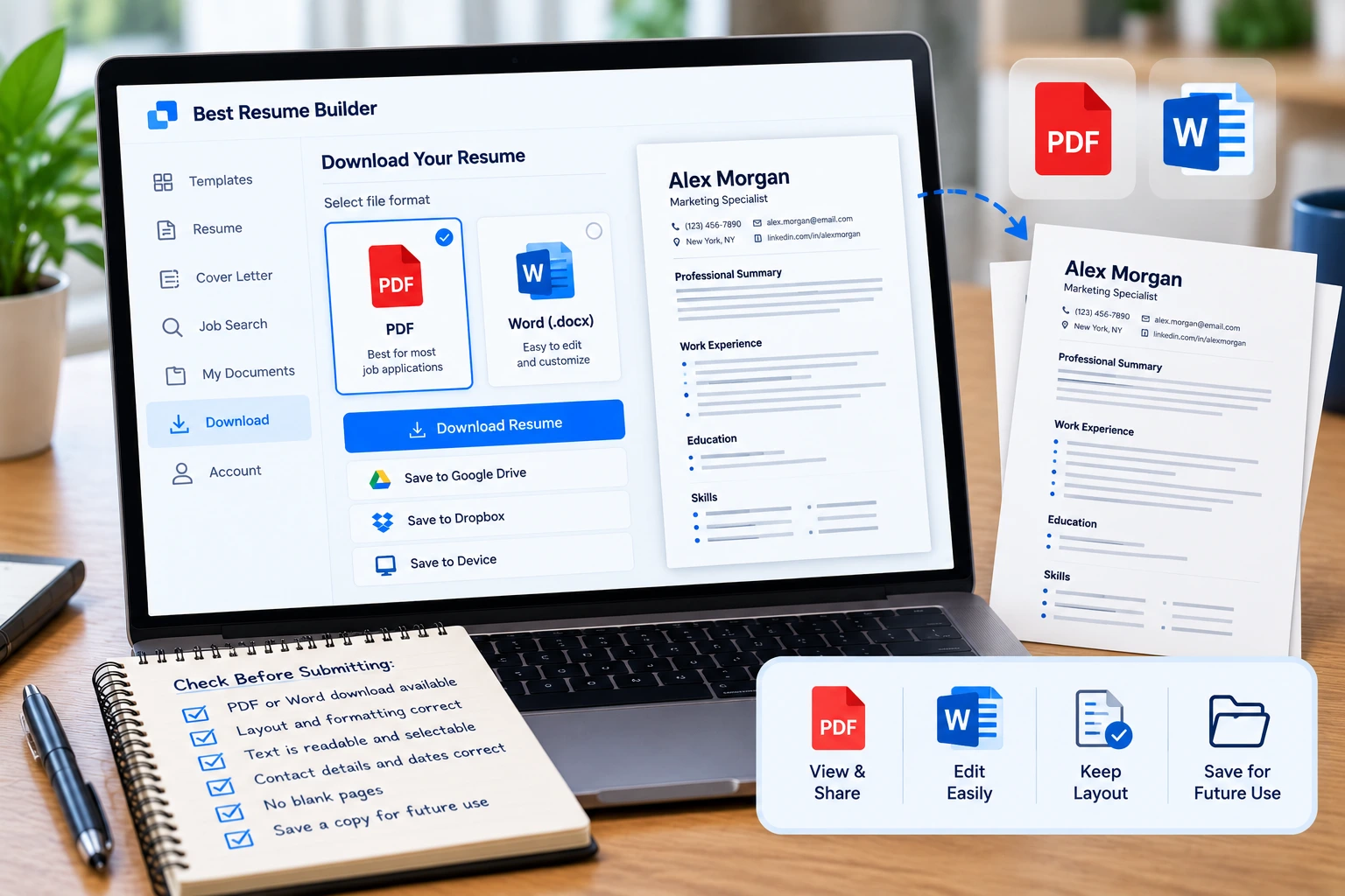 Online resume builder showing PDF and Word download options and a resume document preview.