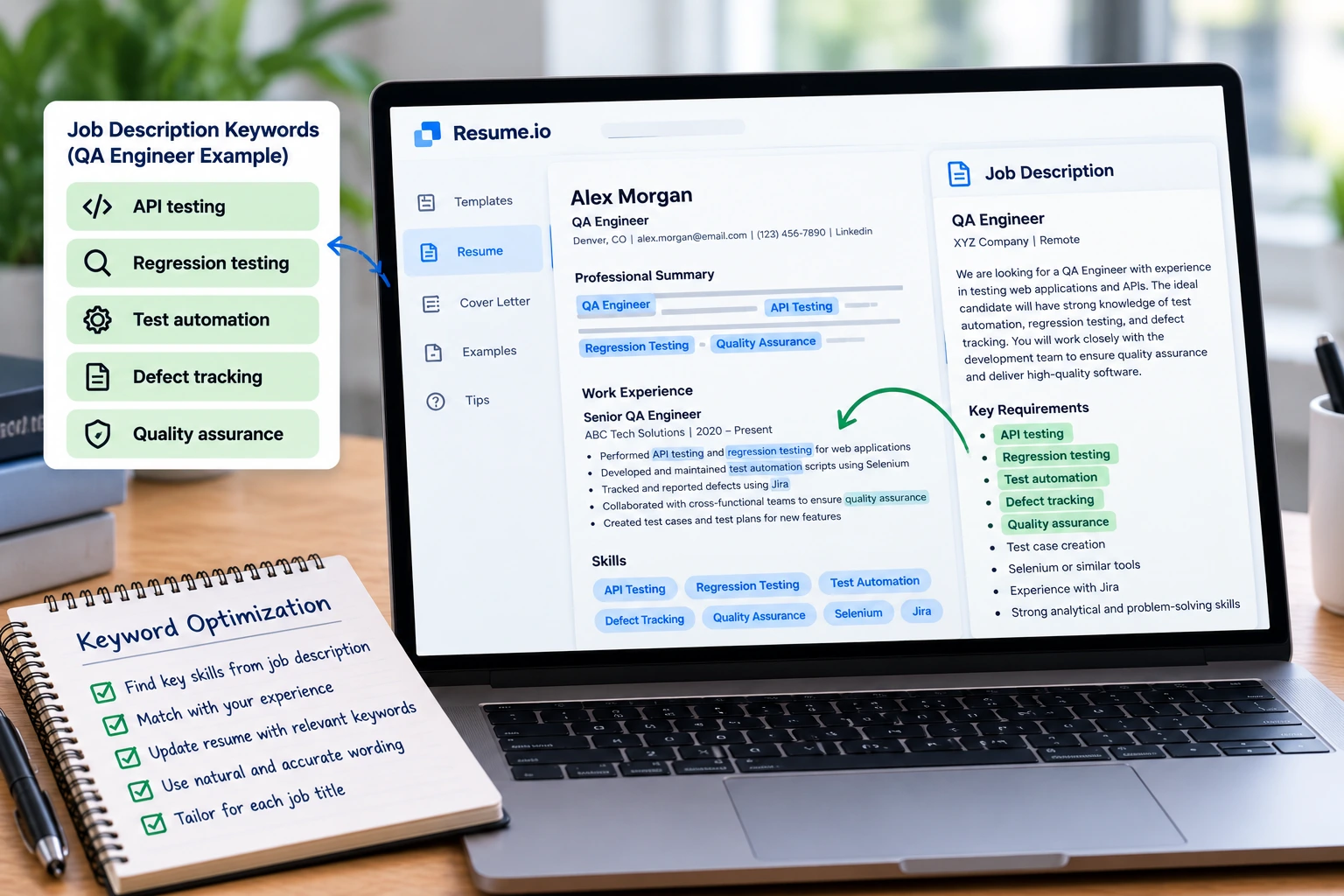Resume keyword optimization comparing a QA Engineer job description with relevant resume skills