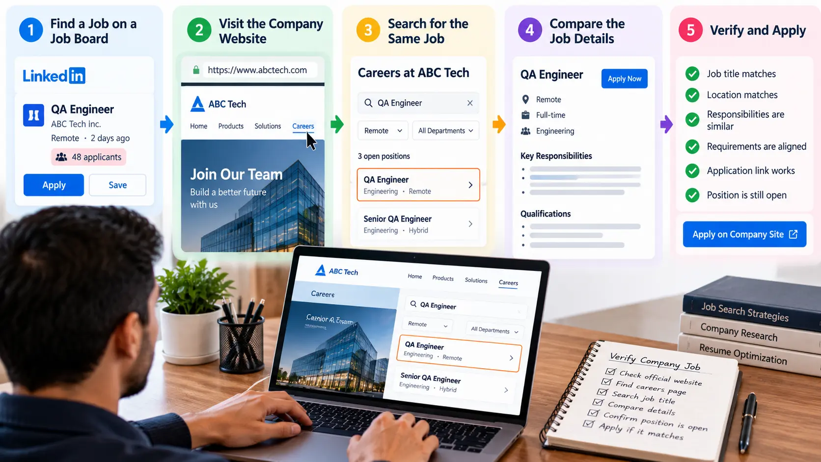 Verifying a QA Engineer job posting by checking the company website, comparing job details, and confirming the application link is active.