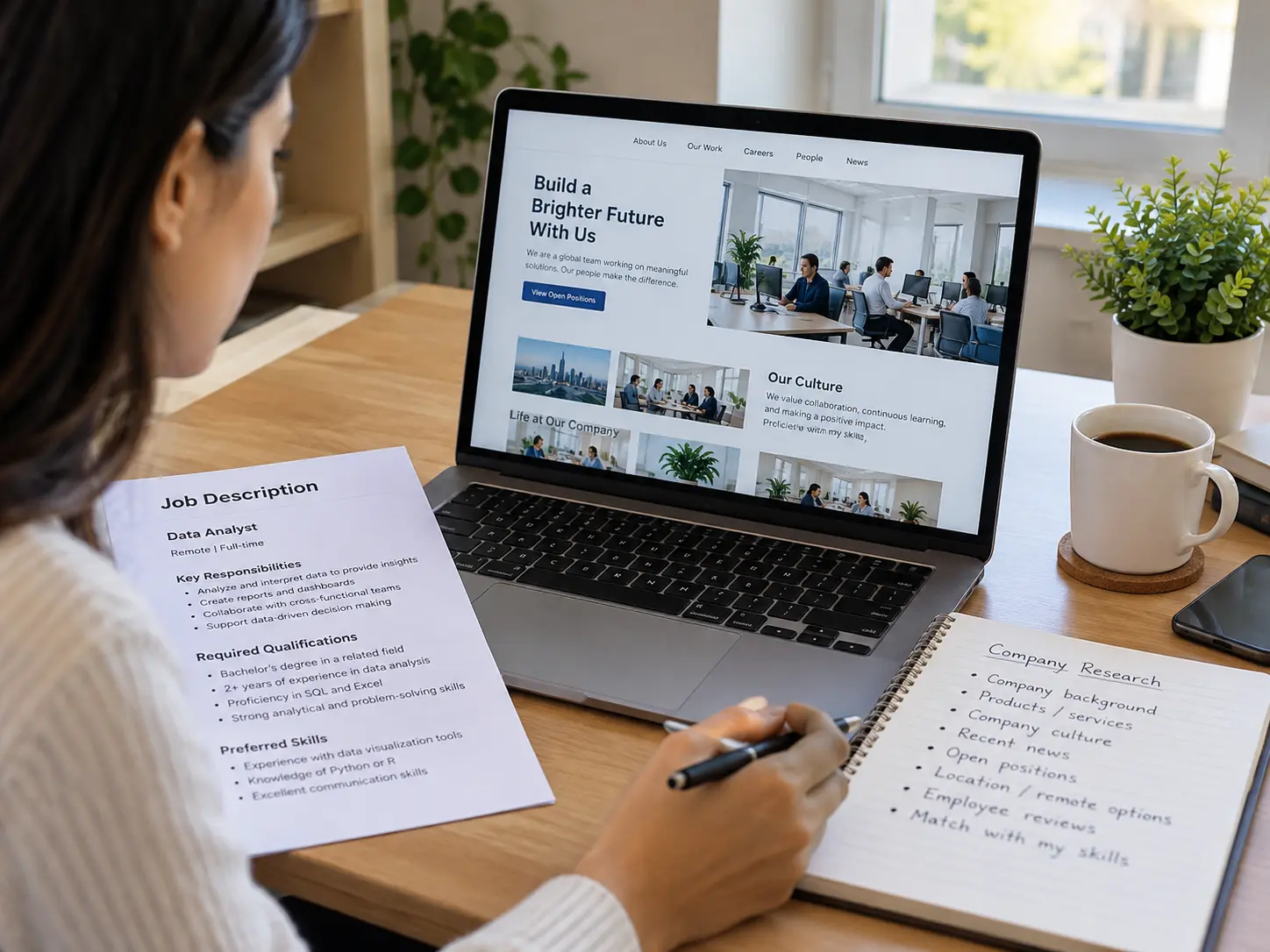 Job seeker researching a company's careers page and reviewing job requirements on a laptop.