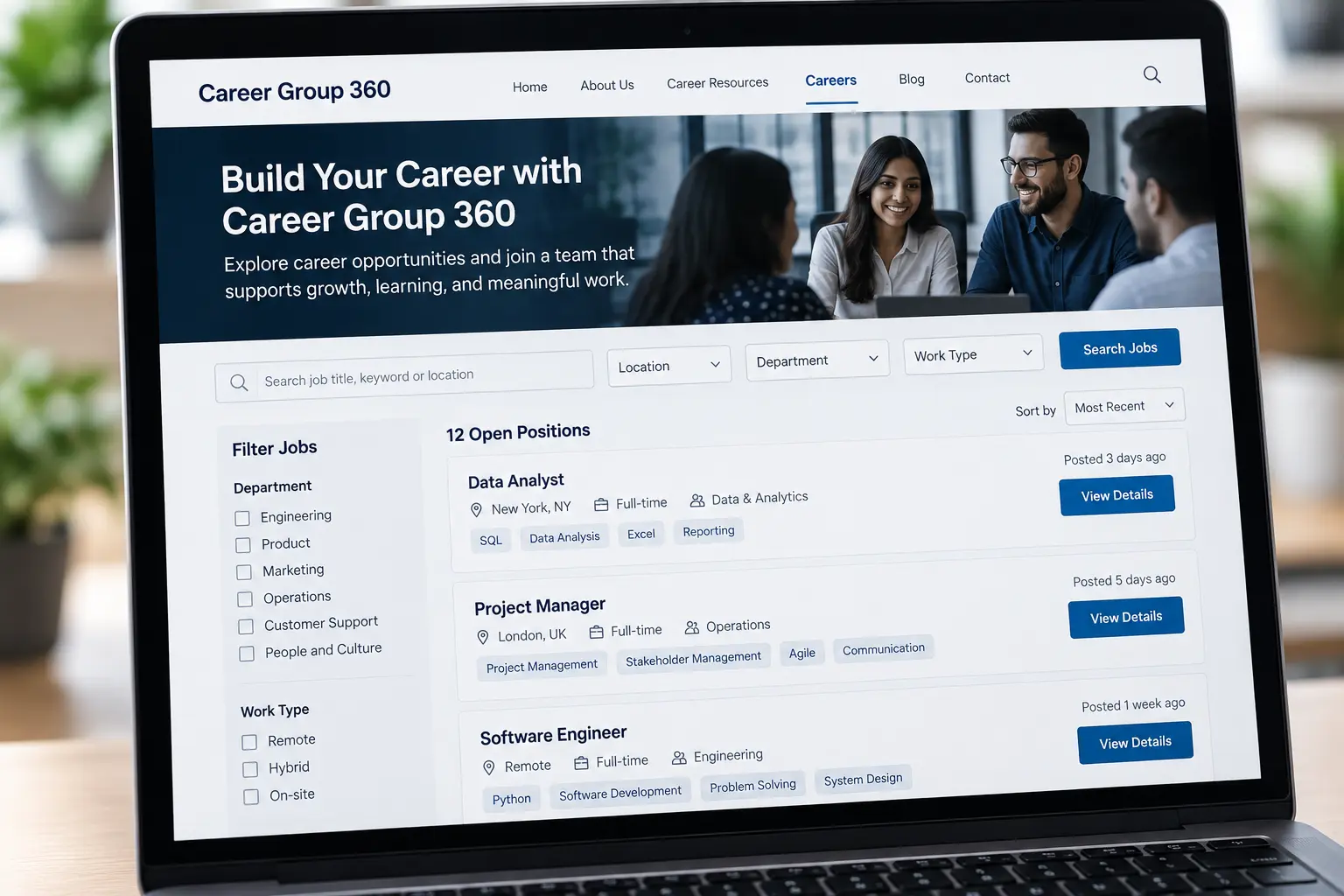 Job seeker researching a company's careers page and reviewing job requirements on a laptop.