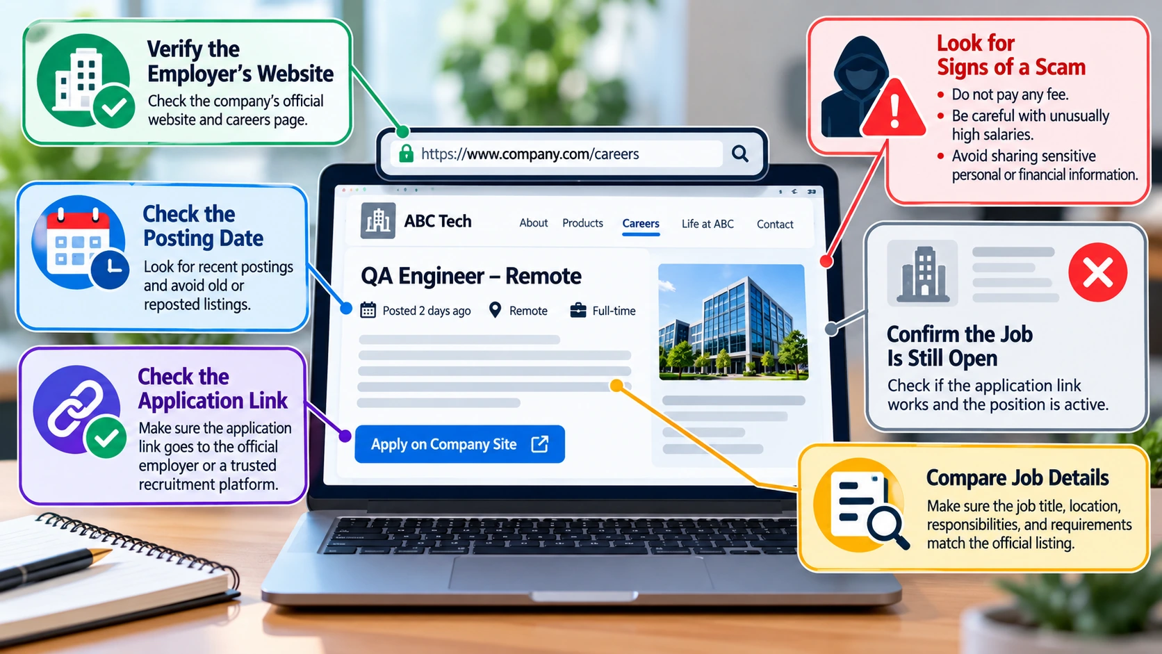 Infographic showing how to verify job postings by checking the employer website, posting date, application link, scam warning signs, job details, and vacancy status.